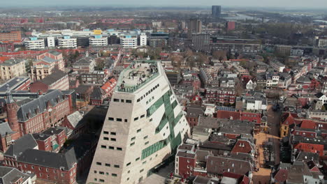 Aerial-View-Of-Forum-Groningen-Multifunctional-Building-In-The-City-Of-Groningen,-Northern-Netherlands