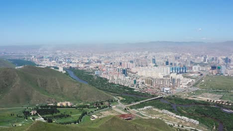 Aerial-view-of-the-city-of-Ulaanbaatar,-capital-of-Mongolia,-panoramic-with-drones