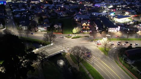 Circle-Aerial-hyper-lapse-night-street-view-Christchurch,-New-Zeland