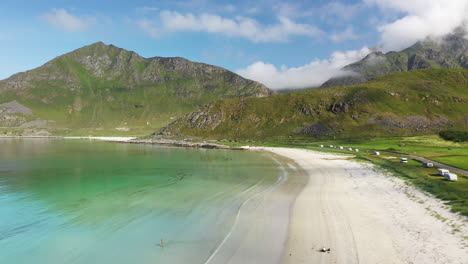 Breathtaking-drone-footage-of-Vik-Beach-and-Hauklandstranda-Norway,-seaside-scenery-aerial