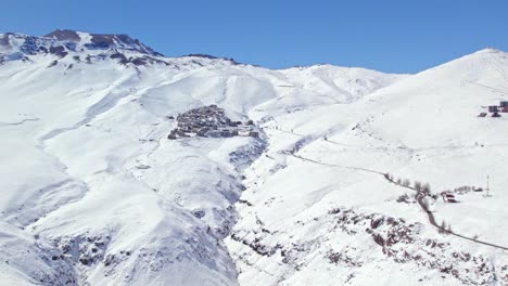 Aerial-establishing-shot-of-the-exclusive-ski-resort,-La-Parva,-Chile
