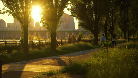 Seoul-Han-River-Park-at-Sunset---People-Walk-and-Cycle-on-Bicycles-in-the-Evening-Enjoying-Summer-Day-in-Setting-Sun-Sunlight