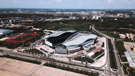 4K-Orbit-Timelapse-Drone-Shot-of-IG-Investors-Group-Field-University-of-Manitoba-Winnipeg-Blue-Bombers-Football-and-Soccer-Concert-Stadium-Arena-in-Canada