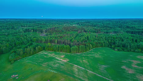 Picturesque-countryside-forest-with-the-moon-over-the-horizon---aerial-flyover