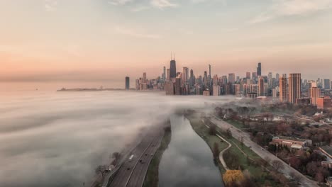 Chicago-aerial-view-with-fog-moving