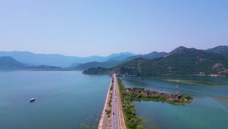 Driving-Over-Skadar-Lake,-Montenegro,-Albania,-Adriatic-Bound,-Aerial-Pano