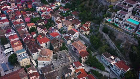 Nafplio-city-and-Palamidi-fortress-filmed-from-drone,-nice-view-of-mountain-and-sea