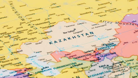 Close-up-of-the-country-word-Kazakhstan-on-a-world-map-with-the-detailed-name-of-the-capital-city