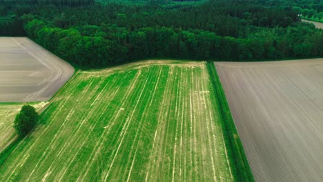 aerial-shot-of-plowed-farmland-and-green-fields,-4k