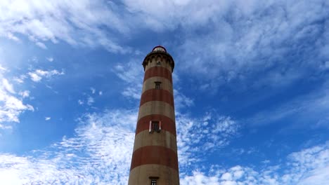 Low-angle-view-of-Praia-da-Barra-Lighthouse-with-sky-and-clouds-in-Costa-Nova,-Portugal