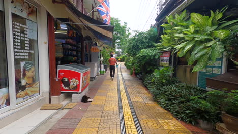 A-walk-along-a-shop-filled-street-on-Phi-Phi-Island,-Thailand