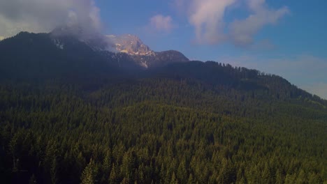 A-drone-ascends-above-the-lush-forest,-zooming-in-towards-the-mountain's-summit,-generating-a-view-that-is-visually-captivating-and-scenic