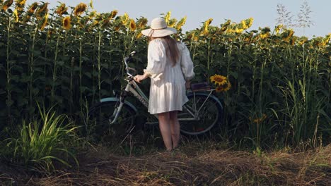 Mädchen-In-Weißem-Kleid-Steht-Mit-Dem-Fahrrad-Vor-Ländlichen-Sonnenblumen-Mit-Goldenem-Glanz