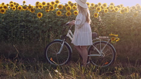 Weißes-Kleid-Des-Mädchens-Mit-Fahrrad-In-Der-Sonnenblumenlandschaft-Zur-Goldenen-Stunde-In-Zeitlupe