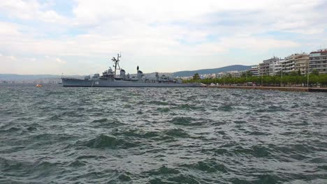 Windy-Waters,-Greek-Navy-Museum-Ship-Velos-in-Thessaloniki-Port-Greece