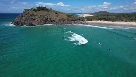 Surfers-At-Cabarita-Beach-During-Summer-In-New-South-Wales,-Australia---aerial-shot
