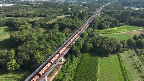 Luftaufnahme-Eines-Langen-Güterzuges,-Der-Im-Sommer-An-Feldern-Und-Grünen-Bäumen-Vorbeifährt
