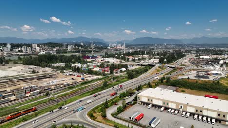 Aerial-Wide-Footage-Of-The-South-Westminster-Industry-With-Pattullo-Bridge-At-Distance-In-BC,-Canada