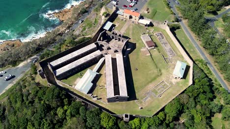Drone-aerial-shot-of-Trial-Bay-Gaol-Arakoon-National-Park-Jail-prison-NSW-travel-tourism-South-West-Rocks-Kempsey-NSW-Australia-4K