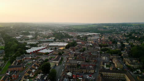 Explore-Heckmondwike,-UK,-via-drone-footage:-industry,-streets,-old-town,-and-Yorkshire's-summer-evening-ambiance