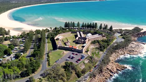 Drone-aerial-Trial-Bay-Gaol-jail-prison-building-ruins-architecture-carpark-beach-spot-South-West-Rocks-Kempsey-travel-holiday-tourism-NSW-Australia-4K