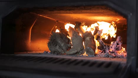 Wood-Ignited-With-Flames-In-Traditional-Wood-Fire-Oven-As-Chef-Closes-Oven-Door