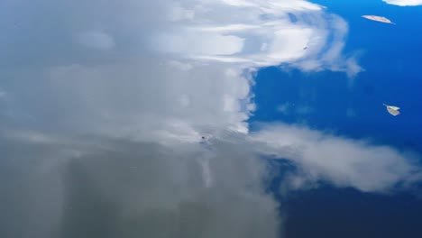 Water-Reflection-of-Blue-Sky-and-White-Clouds,-Reflective-Surface