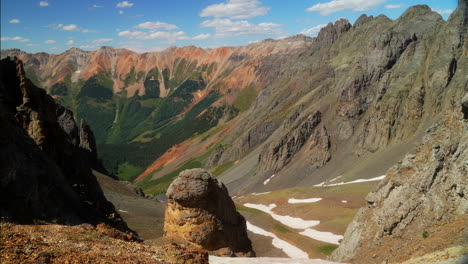 Southern-Colorado-Rocky-Mountains-summer-snowy-San-Juan-top-of-peaks-Ice-Lake-Basin-Trail-toward-Silverton-Telluride-Ouray-Red-Mountain-Molas-Pass-top-of-the-world-slow-pan-natural-left-motion