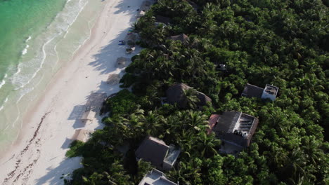 Aerial-Orbit-top-down-shot-of-Cabins-and-huts-surrounded-by-palm-trees-in-a-white,-sandy-beach-with-crystal-blue-water-in-Tulum,-Mexico