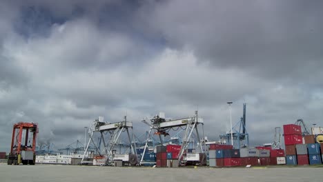 Wide-shot-of-Rotterdam-shipping-harbor-with-self-driving-container-cranes