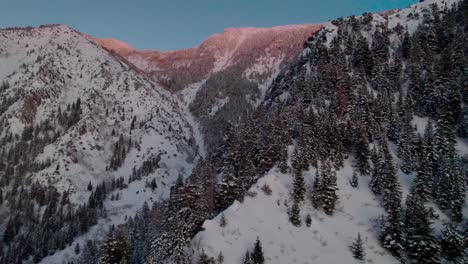 Snowy-Mountain-Turning-Flyover-at-Golden-Hour,-Salt-Lake-City,-UT