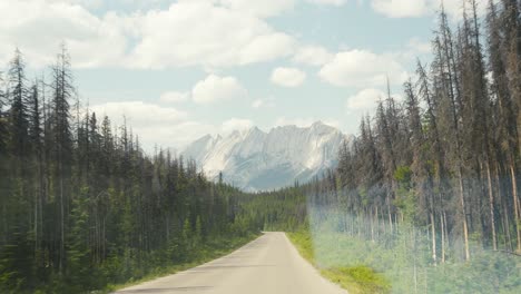 A-stunning-road,-with-a-scenic-background-of-the-mountains-of-Jasper-National-Park-in-Canada,-on-a-clear-sunny-day