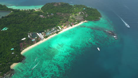Koh-Phi-Phi-Thailand-famous-travel-holiday-destination-in-south-east-Asia-aerial-footage-of-tropical-sand-beach-coastline