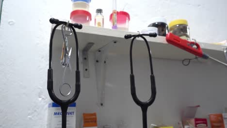 Close-up-shot-of-black-stethoscopes-hanging-in-a-veterinary-clinic