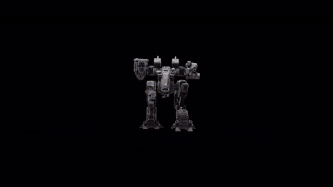 Detailed-3D-model-of-the-robot,-warrior-futuristic-machine-animation,-rigged-skeletal-structure-walking-backwards,-dark-background-overlay-video-for-alpha-channel-matte-blending,-SCI-FI-concept