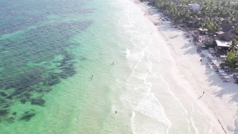 Aerial-shot-of-rolling-waves-in-a-white-sand-beach-surrounded-by-cabins-and-huts-with-palm-trees-in-a-crystal-clear-blue-ocean-in-Tulum,-Mexico