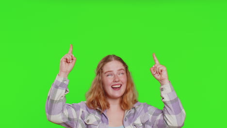 Young-woman-showing-thumbs-up-and-pointing-on-blank-space-place-over-head-for-advertisement-logo