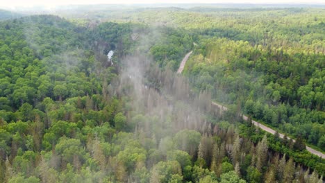Spektakuläre-üppige-Kanadische-Waldluftaufnahme-Durch-Dünne-Wolken