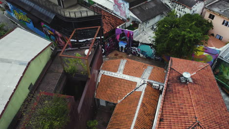 Aerial-overview-of-colorful-murals-at-the-Beco-do-Batman-Alley,-in-Vila-Madalena,-Sao-Paulo,-Brazil
