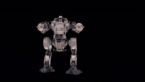 3D-Modell-Des-Roboters,-Futuristische-Maschinen-Rendering-Animation-Des-Kriegers,-Manipulierte-Skelettstruktur,-Gehende-Rechte-Vorderansicht,-Überlagerung-Mit-Alpha-Matte-Kanal,-Science-Fiction-Konzept