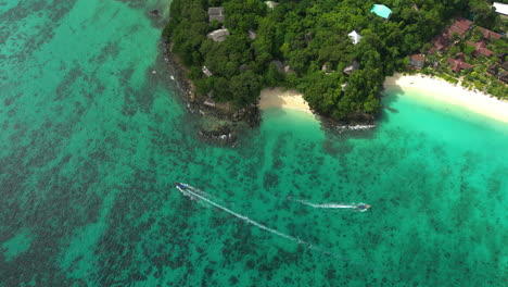 Aerial-Birds-Eye-View-Over-The-Pristine-White-Sand-Beaches-Of-Koh-Phi-Phi