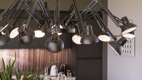Slow-revealing-shot-of-a-ceiling-light-with-14-light-bulbs-in-the-kitchen-of-a-villa