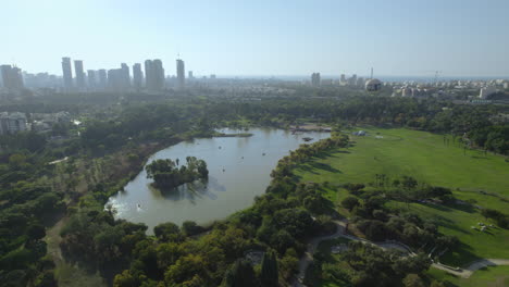 Tel-Aviv's-huge-Yarkon-Park-area-includes-extensive-lawns,-sports-facilities,-botanical-gardens,-a-water-park-and-a-lake-with-pedal-boats-for-visitors-who-come-every-day