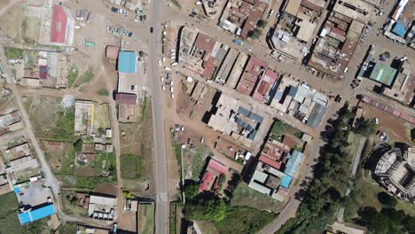Dense-urban-development-in-Loitokitok-village,-Kenya,-aerial-top-down-view