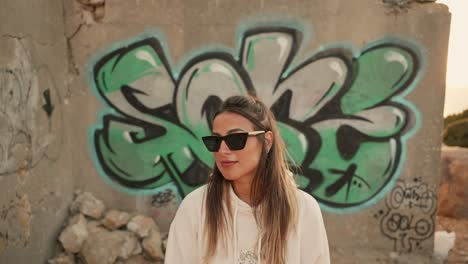 Modern-rebel-young-woman-posing-in-front-of-some-Graffiti