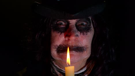 Sinister-woman-with-scary-Halloween-witch-makeup-in-costume-making-voodoo-magic-rituals-with-candle