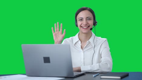 Happy-Indian-call-center-girl-waving-Hi-to-the-camera-Green-screen