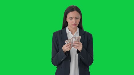 Traurige-Indische-Geschäftsfrau-Verliert-Geld,-Grüner-Bildschirm