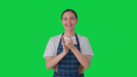 Happy-Indian-housewife-clapping-and-appreciating-Green-screen