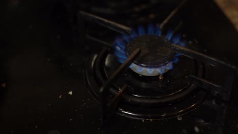 Closeup-shot-of-blue-fire-from-domestic-kitchen-stove-top.-Gas-cooker-with-burning-flames-of-propane-gas.-Industrial-resources-and-economy-concept